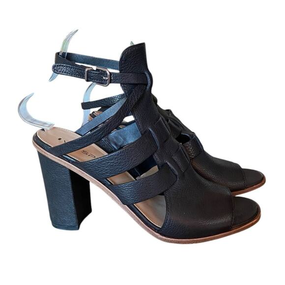 Via Spiga Brandina Black Leather Block Heel Strappy Sandals Open Toe size 8.5 - Picture 2 of 9